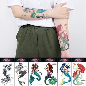 ръкав русалка временна татуировка ръка китката карикатура принцеса татуировка за деца момичета блясък лепило татуировка риба в океана акварел