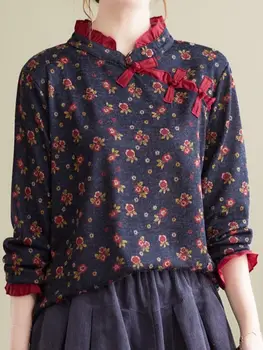 Дамска есенно-зимна Нова Риза в Контрастен цвят, с бутоните в китайски стил, дамски Еластична Долна Риза с флорална Принтом, Топ