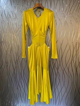 2022 ново дамско модно секси рокля с дълги ръкави и v-образно деколте, с набръчкана талия, однотонное декоративно рокля-люлка във формата на листа на лотос 827