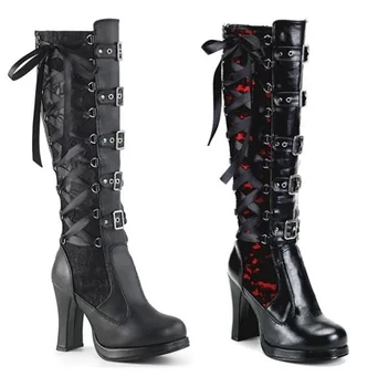 Дамски Високи Ботуши за Cosplay, обувки до Коляното на висок ток, Кожени Обувки в готически стил в стил пънк, Класически Черни Зимни дамски Обувки, Размер обувки 40-43