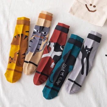 Чорапи с животни, Дамски Ежедневни Памучни Чорапи в корейски стил със забавна Котка от Карикатура, Дамски Модни Чорапи, 1 Чифт Женски Цветни Чорапи EU 35-43