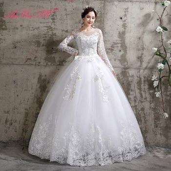 AnXin SH принцеса бяло цвете дантелено сватбена рокля топка рокля реколта o образно деколте 