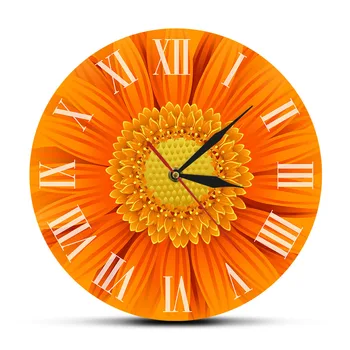 В близък план красиви оранжеви декоративни часовници Gerber с римски цифри, Природа, Венец от цветя Маргаритки, Стенно изкуство, модерните стенни часовници