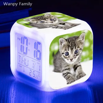 Супер Сладък Котка Alarm Clock 7 Цвята Нощни Светлини Многофункционален Дигитален Будилник Детска Стая Будилник