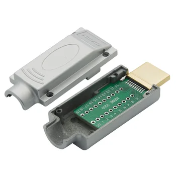 Штекерный HDMI конектор с вида на запояване на гърба на печатната платка и метален корпус