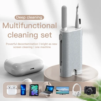 Q6 5 в 1 Комплект за Почистване на Многофункционална Дръжка За Почистване на Слушалки с Четка За Отстраняване на Прах Инструменти За Почистване на Мобилни Телефони с Спрей Сив