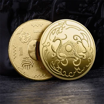 Китайски Тай чи даоистки древен Звяр на Четири Боговете Бяла Базальтовая Костенурка Възпоменателна Златна монета в китайски стил и една Сребърна монета