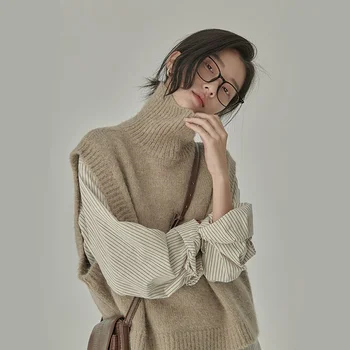 Дизайн Sense Of Пуловер с висока яка, жилетка, риза, женски есенно-зимния нов костюм Sense Of Shape, Без моден костюм