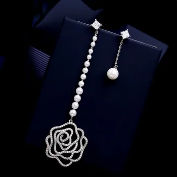 Модни Несиметрично обеци с кубическим цирконием ААА, Супер Дълги Висящи обеци с перли, Кухи Обеци във формата на Голям Рози, Дамски Бижута