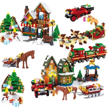 Зимният Коледен Селски Блок Набор от DIY Мини Влак Дядо Коледа на Шейна Пощенска служба, Магазин за Играчки Дърво Строителни Тухли За Децата Коледа