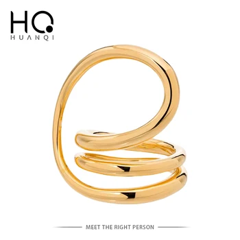HUANQI Нови Модни Златни и Сребърни Метални Геометрични Нередовни Спирала Усукани Линии на Големи Пръстени за Жени и Момичета, Бижута