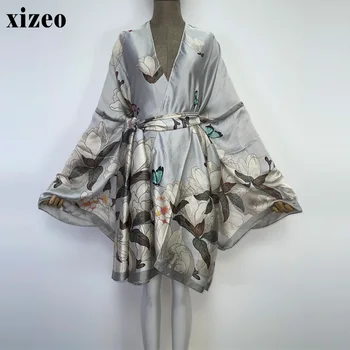 XIZEO 2022 Годишен Женски Жилетка кафтан модерен секси Бохо Африка Празничен свободна площ с дълъг Ръкав Коприна кимоно с колан