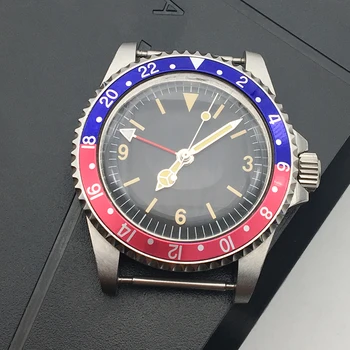 GMT син червен bezel, висококачествени мъжки циферблат 39,5 мм, автоматичен часовник от неръждаема стомана, без каишка