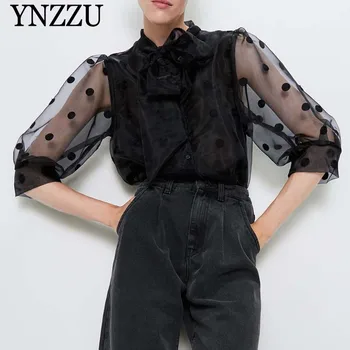 Дамска блуза на полка точки с лък, черна, 2021, Ново записване, Полупрозрачна Женска риза от органза, блузи с ръкав три четвърти, YNZZU YT732