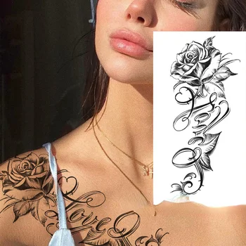 Татуировка с Черна Роза за Жени Голям Размер, Секси Цветя Модел, Водоустойчив Фалшиви Татуировки за Ръце, Боди арт, Ръкав, Стикер на Тялото
