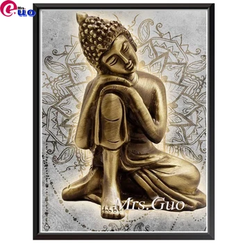 Диамантена Живопис 5d Златна Статуя на Буда Бродерия Религия Кристали Начало Декор Подарък Ръчно изработени Комплекти На Кръстат Бод 5d направи си Сам