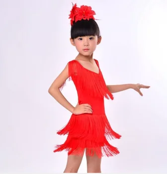 1 бр./лот, Бебешка рокля за салса с ресни и червени пайети за момичета, Танцов костюм за латино танци рокля за салса