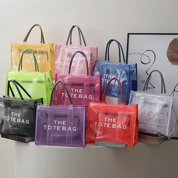 Чанта-Тоут от PVC Ярки Цветове, Дамски Чанти, Луксозни Марки, Окото е Прозрачна Чанта През Рамо, Желейные Плажни Чанти за Жени, дамски Чанти-Шопперы