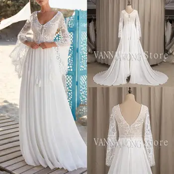 10028 # Цена на цена на производителя е 100% реален проба снимка Дантела бохо бохемски V-образно деколте С Дълъг Ръкав, Без облегалка сватбена рокля сватбена рокля