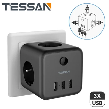 TESSAN ЕС Стенни Гнездо с 3 Розетки на променлив ток, 3 USB Порта и ключа за лампата, 100-250 В ЕС Адаптер за Зареждане на Контакти за Офиса