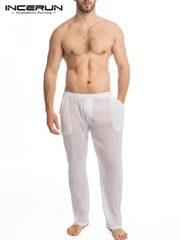 Мъжки Панталони За Сън, Обикновена, С Еластична гумена лента На Кръста, са Удобни, 2022, Тънки Панталони За Сън, Мъжки Прозрачни Панталони За Почивка, Домашно Облекло INCERUN 5XL