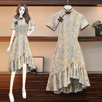 Подобрено рокля чонсам женски лятото 2021 ново женствена рокля в стила на Китайската Република Hanfu, тънка пола трапецовидна форма с цветен модел