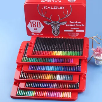 Комплект Цветни Моливи KALOUR 120/180 със Сърцевина от 3,8 мм, Меки Маслени Цветни Моливи за Рисуване, Комплект Цветни Моливи с Наситен Пигмент, Желязна Кутия
