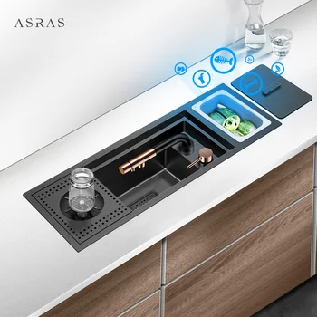 ASRAS невидима мивка черен нано бар малък однощелевой мивка за измиване на съдовете от неръждаема стомана среден остров миене на чаши за високо налягане