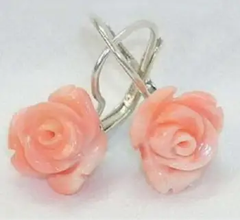 уникални дамски ярко Розови и Коралови Рози С Цветя, Рози 12 мм, Обеци-Куки, Обеци от естествен камък-големи сребърни обеци