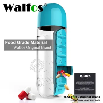 WALFOS съчетава в себе си Дневна Седмична кутия за таблетки със седем отделения Органайзер с бутилка за вода за лесно транспортиране бутилки за вода