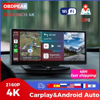 4K Автомобилен ВИДЕОРЕКОРДЕР Carplay и Android Авто GPS WiFi AUX Видеорекордер 10,26 