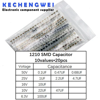 1210 SMD Кондензатор асорти комплект, 10 стойности * 20pcs = 200шт 100nF ~ 100 uf Проби Комплект електронен diy комплект