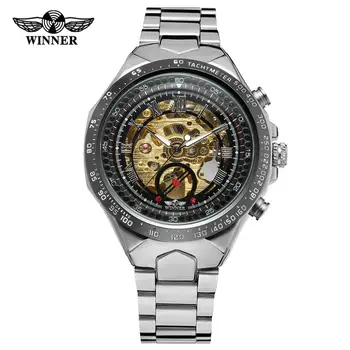 Мъжки бизнес часовник WINNER сребрист часовник с метална каишка автоматични механични ръчни часовници