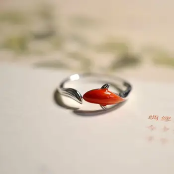 Инкрустированное сребро перегородчатое червен пръстен във формата на кои, открывающееся регулируем пръстен на класическото изкуство, изискани луксозни дамски бижута